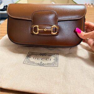 Gucci Brown Leather Clutch with Gold Accents